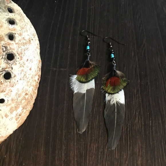 Hand Crafted Imitation Eagle & Turquoise Feather Hand Painted Tribal Earrings - Picture 14 of 16